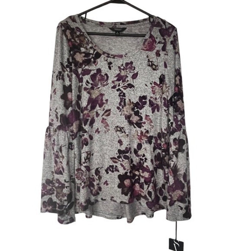 Simply Vera Vera Wang Top Womens Grey Purple Floral Bell Sleeve M